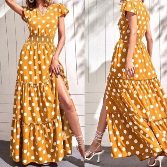 . Dresses & Skirts - yellow polka dot print ruffle hem maxi dress